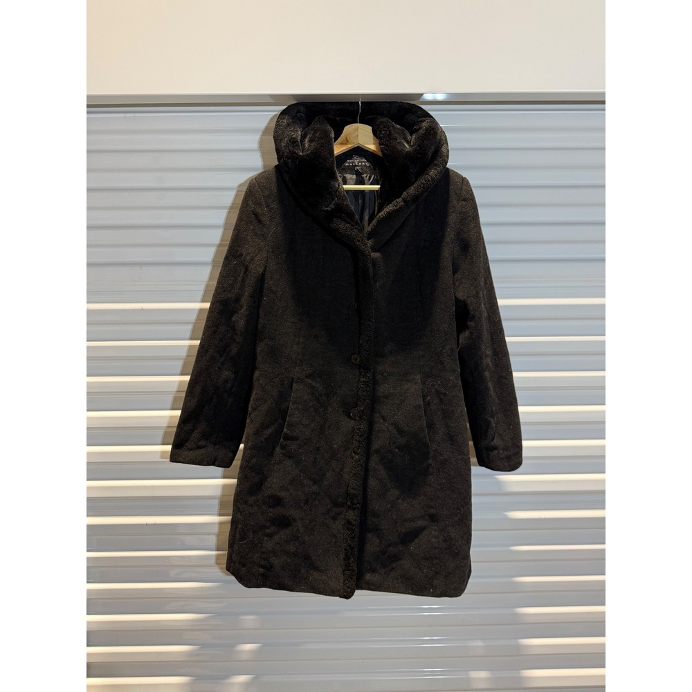 Collection by Gallery Womens Wool Blend Faux Fur Trim Hooded Coat Charcoal Large